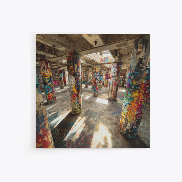 Graffiti Covered Concrete Pillars Canvas Print, Abandoned Warehouse Street Art, Industrial Loft Wall Decor, Urban Home Decor