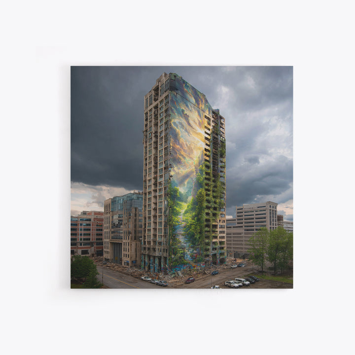 Stormy City Tower With Nature Mural Canvas Print, Urban Architecture Wall Art, Surreal Street Art, Modern Office Decor For Loft