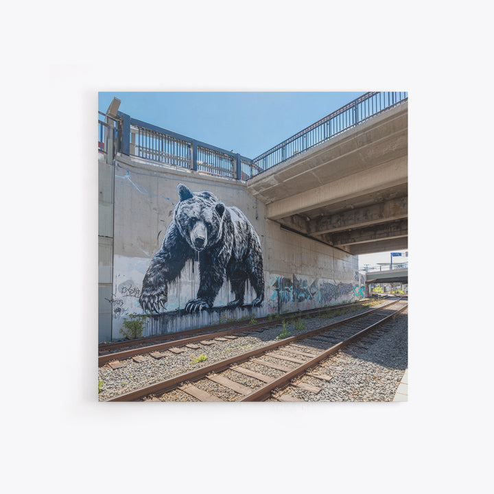 Black Bear Graffiti Mural By Train Tracks Canvas Print, Urban Wildlife Wall Art, Industrial Street Art Decor For Modern Loft