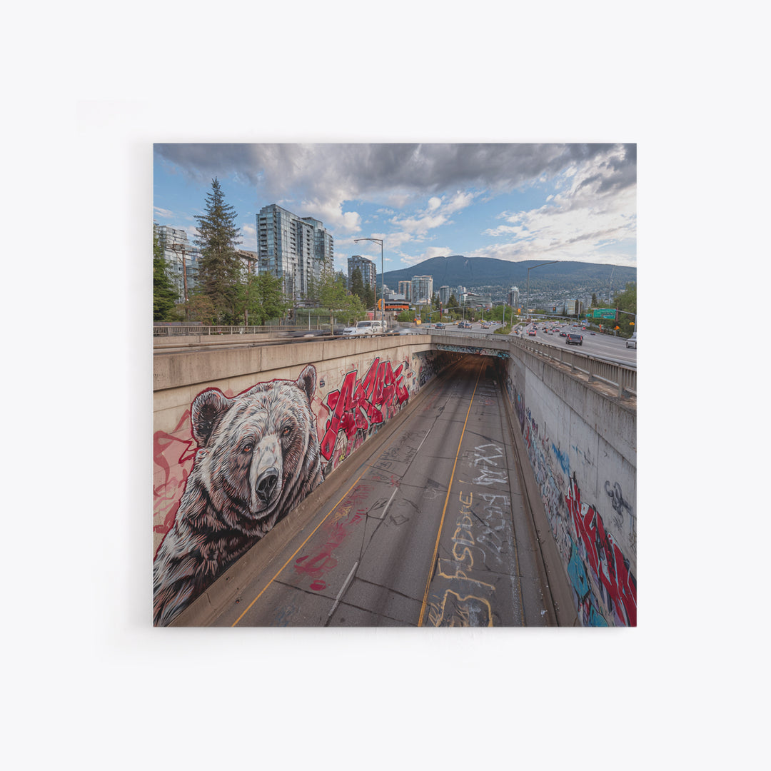 Bear Mural Highway Underpass Cityscape Wall Art, Urban Wildlife Print, Mountain Landscape Decor, Graffiti Street Photography
