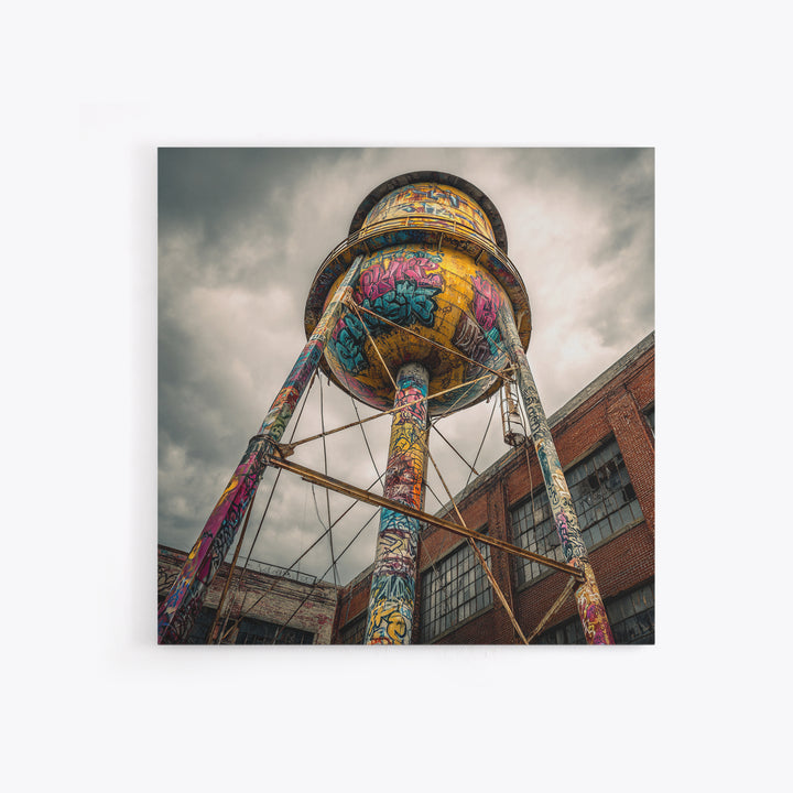Graffiti Water Tower Under Stormy Sky Wall Art, Industrial Urban Print, Street Art Photography, Bold Loft Decor For Home