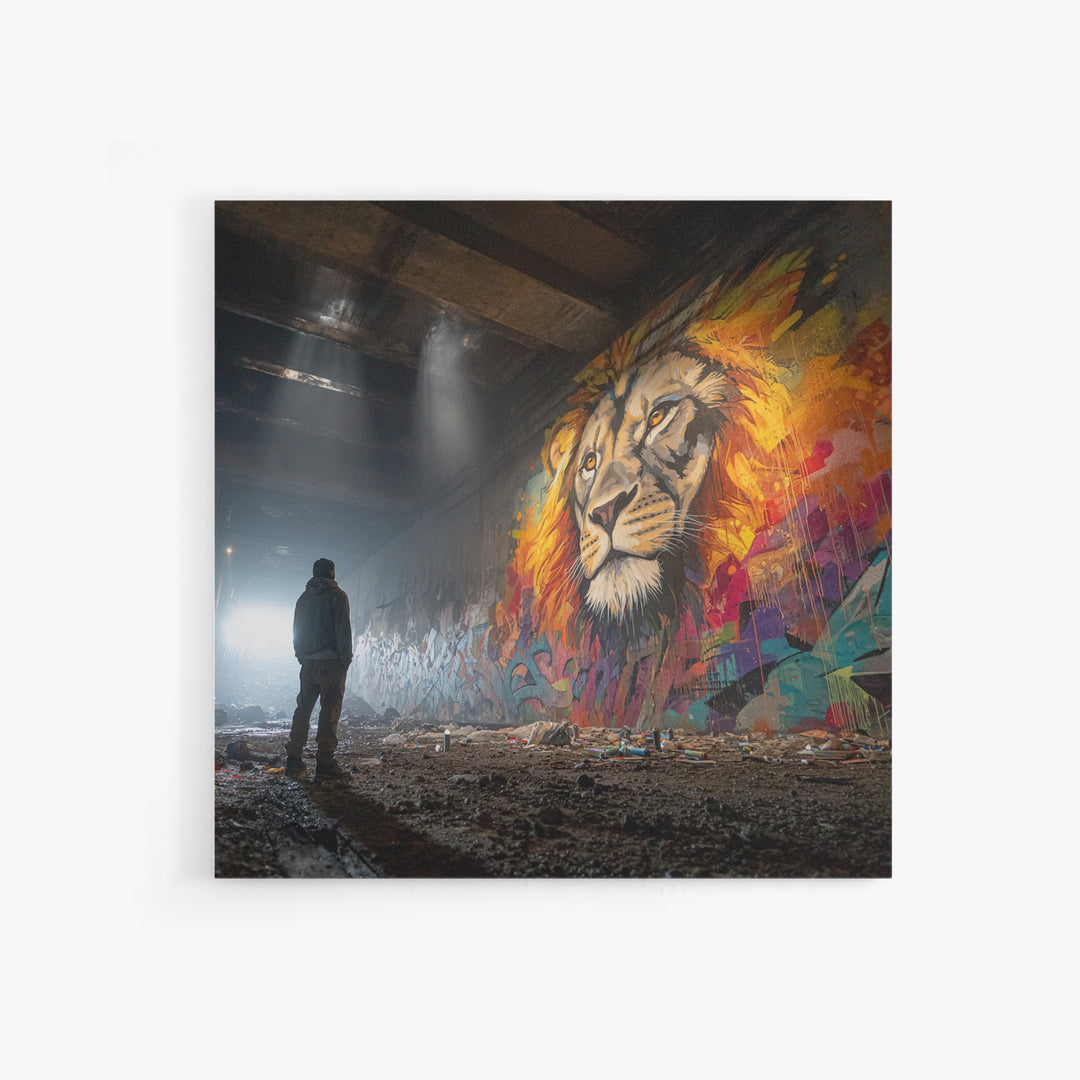 Underground Lion Mural In Shadowed Tunnel Framed Canvas Print, Urban Wildlife Wall Art, Graffiti Decor, Moody Street Photography