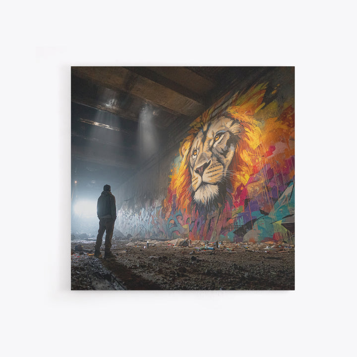 Underground Lion Mural In Shadowed Tunnel Framed Canvas Print, Urban Wildlife Wall Art, Graffiti Decor, Moody Street Photography