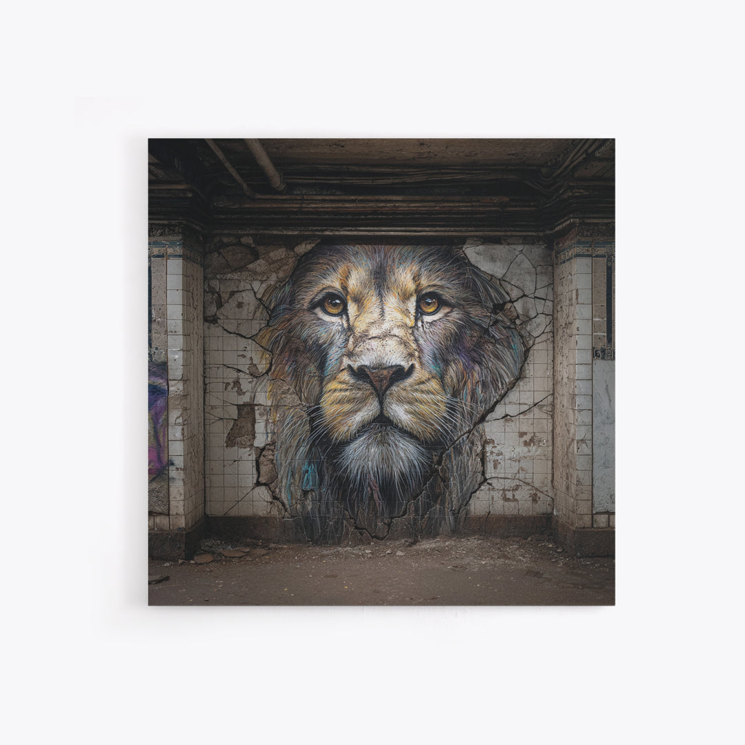 Cracked Wall Lion Portrait Graffiti Wall Art, Abandoned Subway Mural Print, Urban Wildlife Decor, Moody Animal Art For Home
