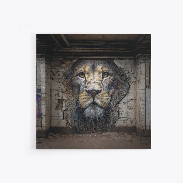 Cracked Wall Lion Portrait Graffiti Wall Art, Abandoned Subway Mural Print, Urban Wildlife Decor, Moody Animal Art For Home