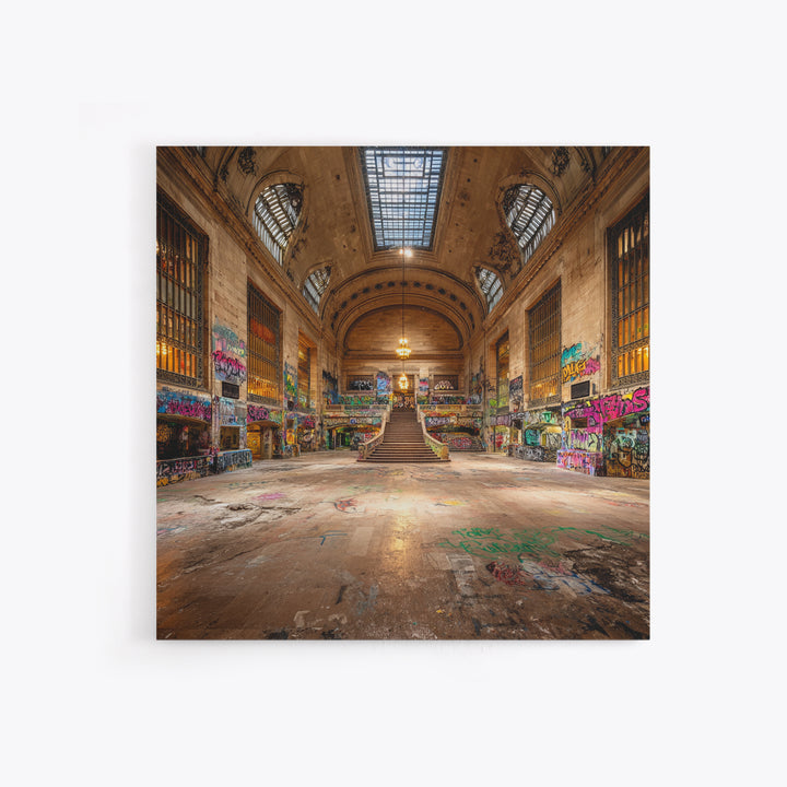 Abandoned Grand Hall Graffiti Framed Canvas Print, Urban Street Art, Industrial Wall Decor, Large Statement Artwork, Modern Home Decor