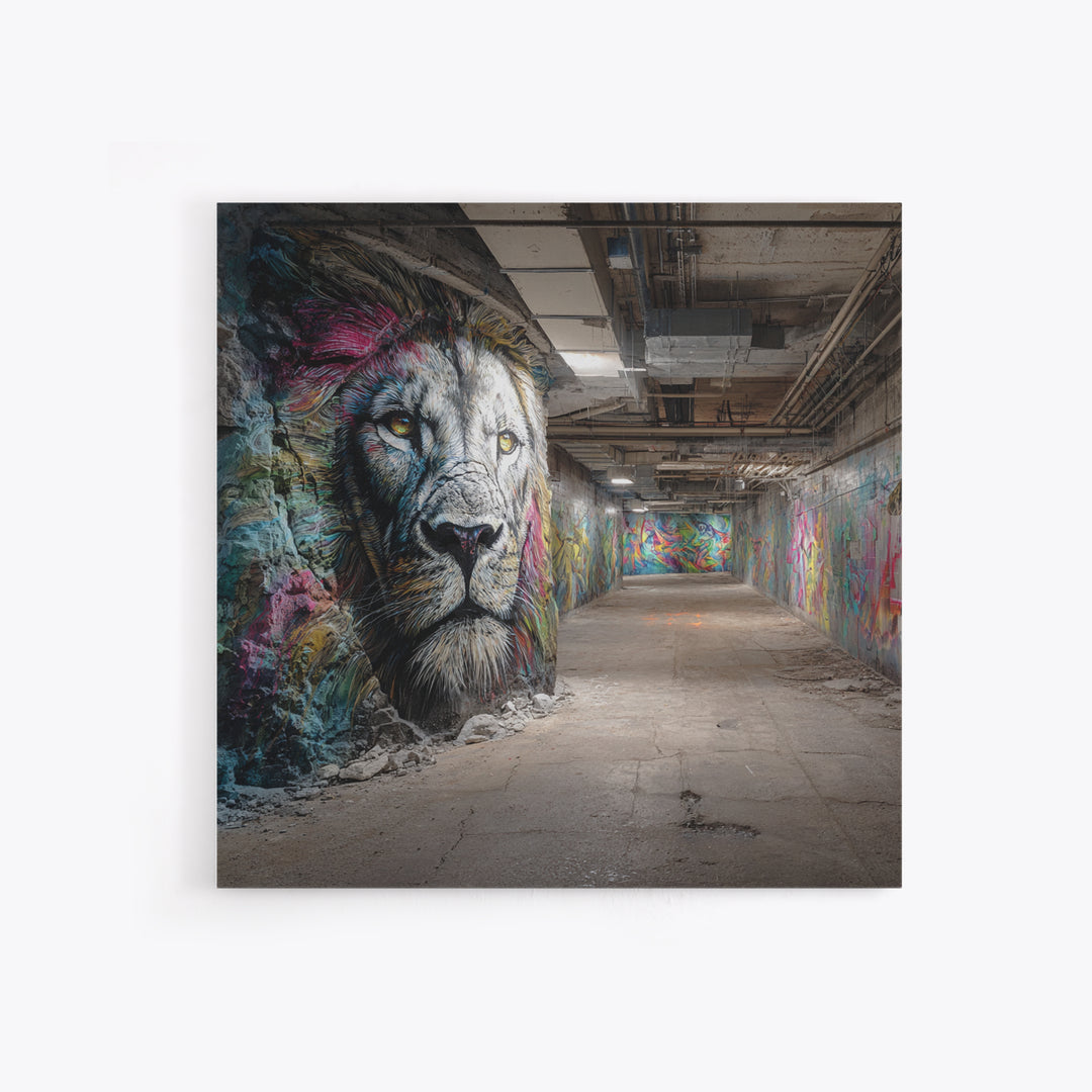 White Lion Graffiti Tunnel Wall Art, Urban Street Art Canvas Print, Wildlife Mural Decor, Industrial Loft Statement Art Gift