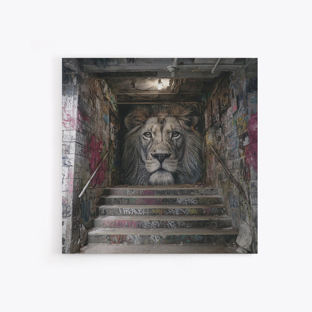 Realistic Lion Stairwell Wall Art, Urban Graffiti Mural Canvas Print, Street Art Decor, Bold Animal Office Poster For Men
