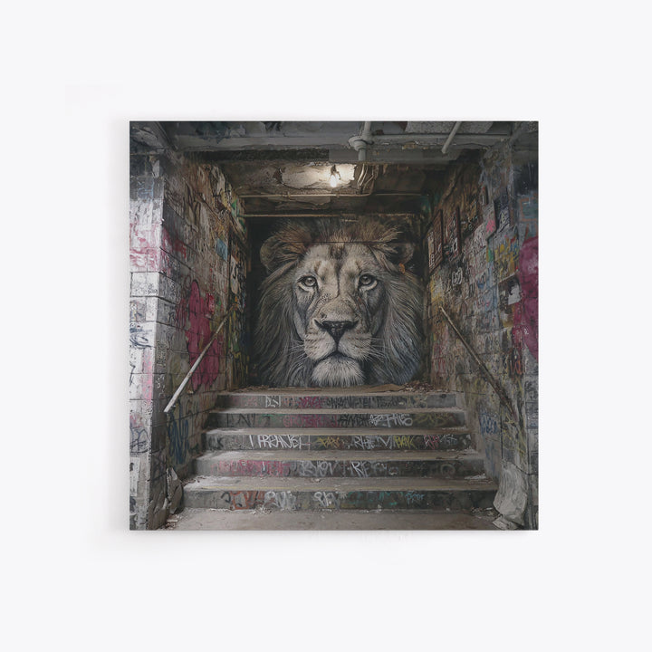 Realistic Lion Stairwell Wall Art, Urban Graffiti Mural Canvas Print, Street Art Decor, Bold Animal Office Poster For Men