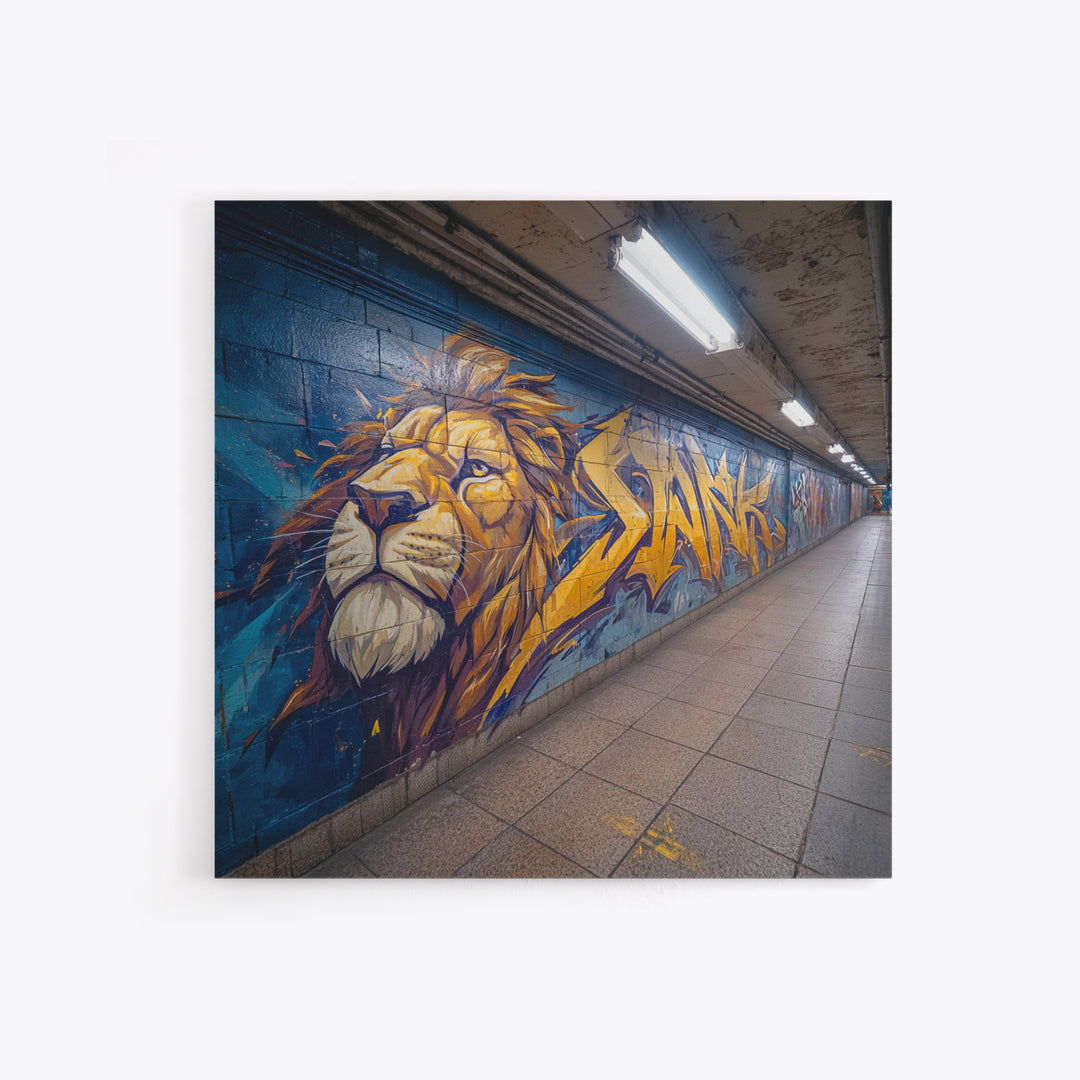 Lion Graffiti Subway Mural Large Wall Art, Urban Street Art Print, Bold Animal Canvas, Modern Decor, Man Cave Gift For Him