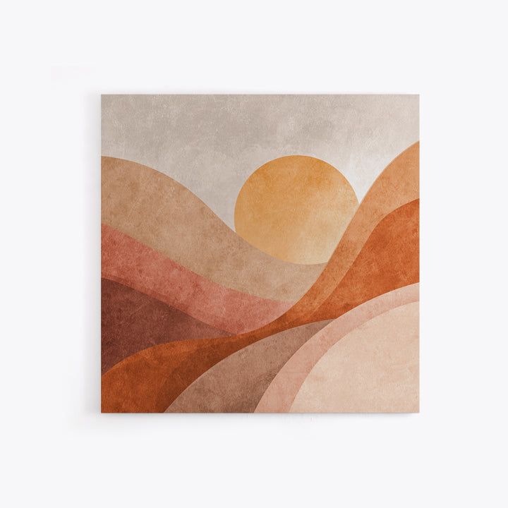 Terracotta Sun Over Abstract Hills Framed Canvas Print, Earth Tone Wall Art For Modern Home Decor And Living Room Wall Decor