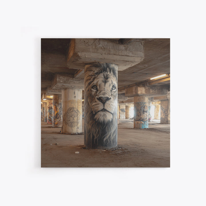 Realistic Lion Portrait On Concrete Pillar Wall Art, Urban Wildlife Canvas Print, Graffiti Decor For Office And Man Cave