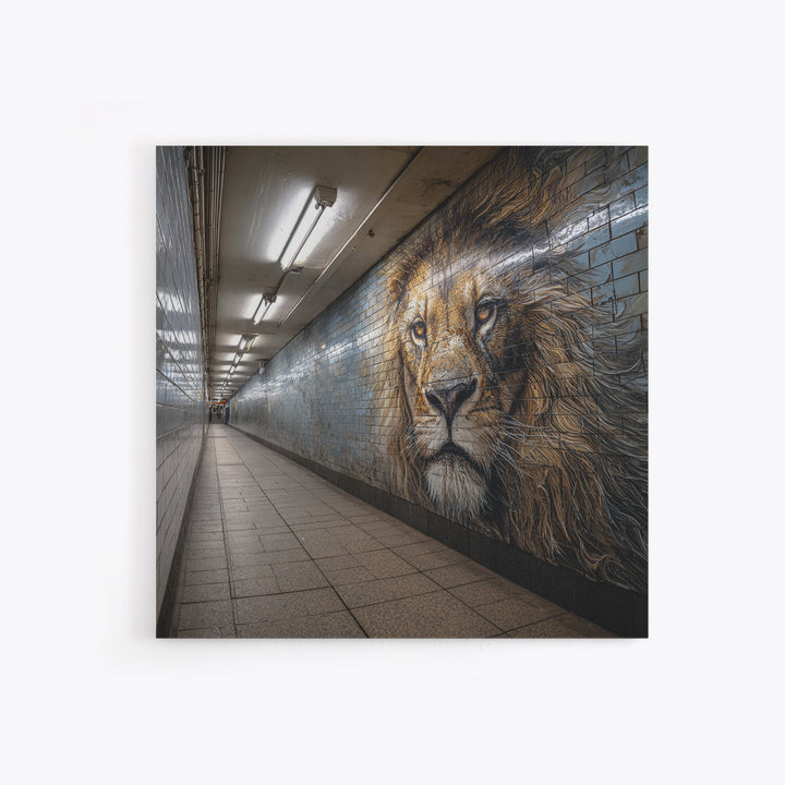 Majestic Lion Mural In Subway Tunnel Wall Art, Urban Street Art Print, Animal Wall Decor, Masculine Office Decor Gift Idea