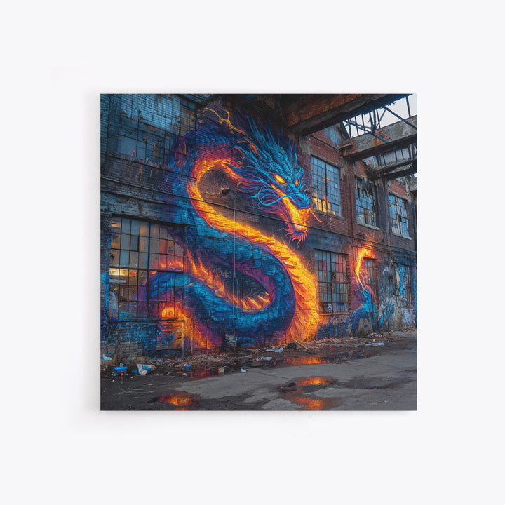 Neon Dragon Graffiti On Abandoned Brick Wall Art, Cyberpunk Street Art Canvas Print, Bold Urban Home Decor Gift For Gamer Room