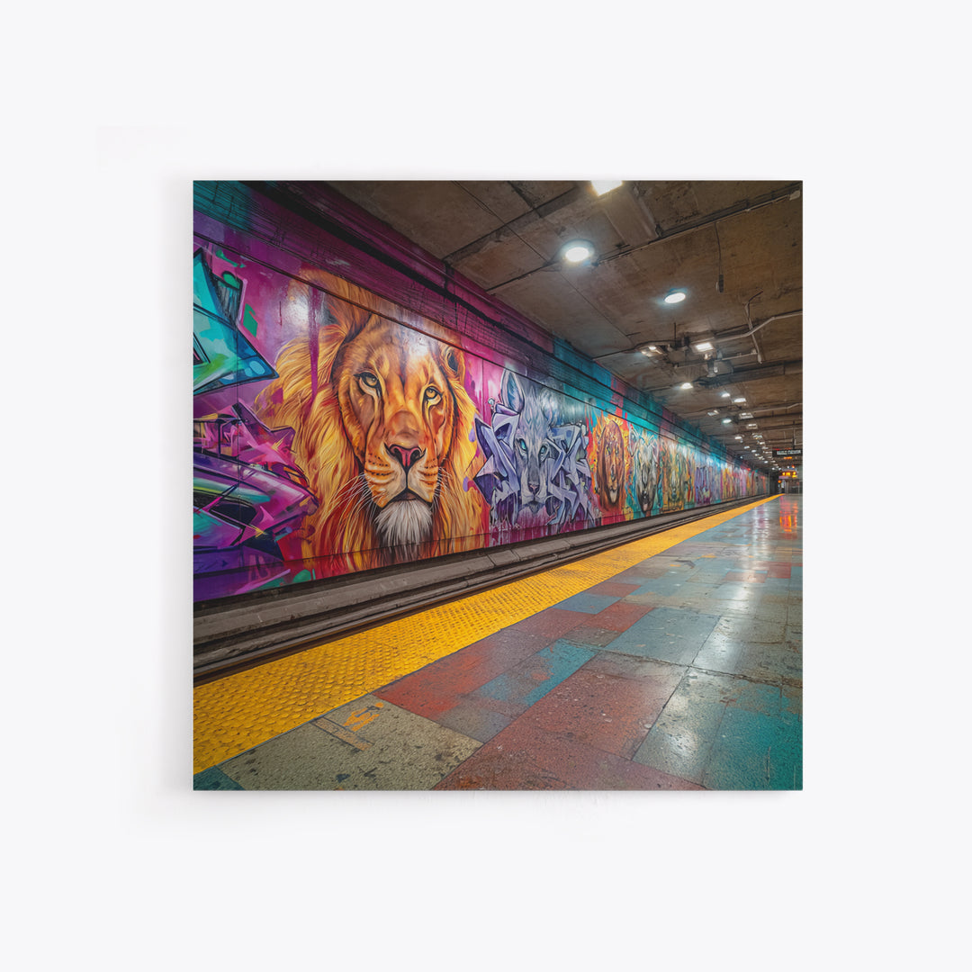 Vivid Lion Graffiti Subway Platform Canvas Print, Urban Street Art For Gaming Room Decor And Bold Modern Home Decor Wall Decor