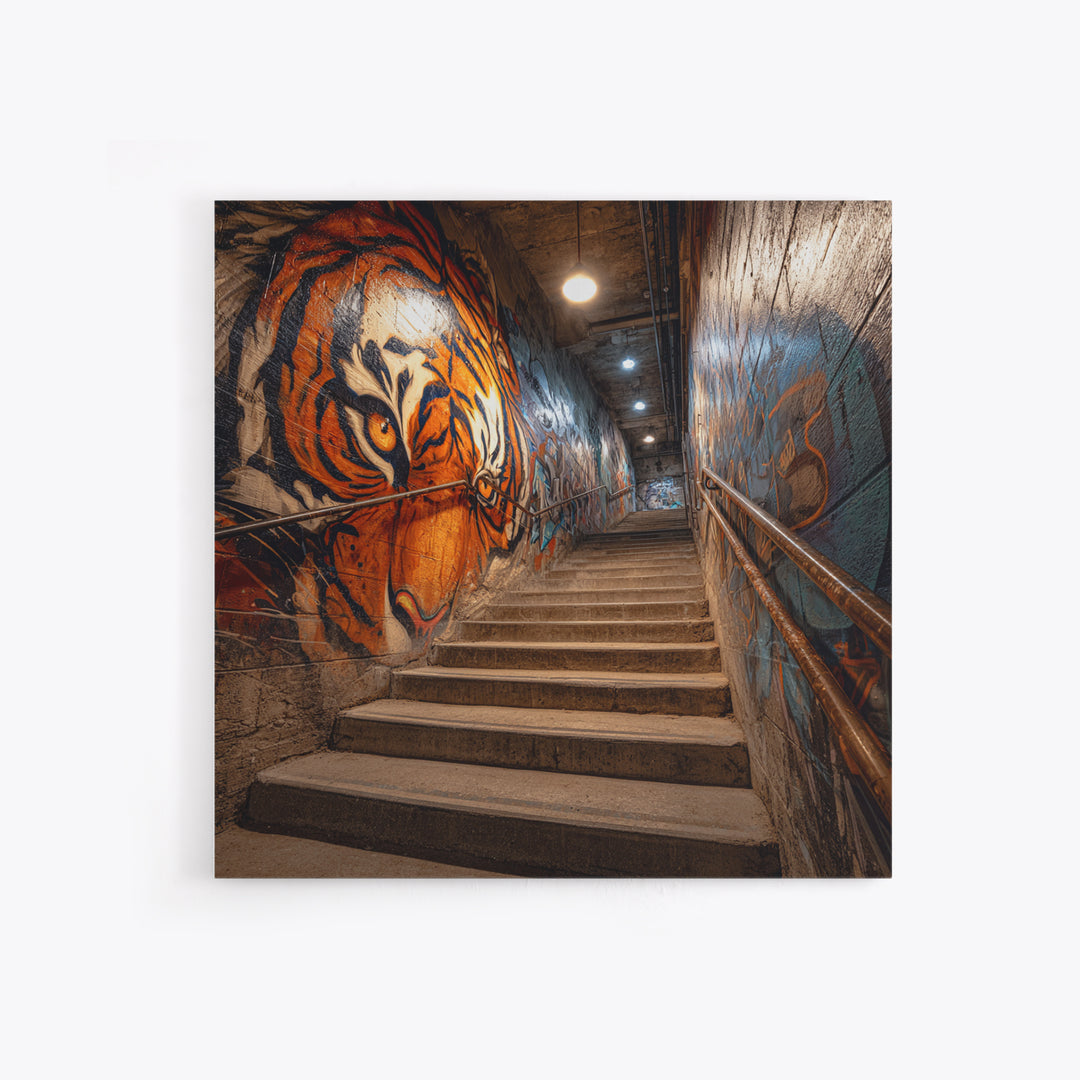 Roaring Tiger Graffiti Stairwell Wall Art, Urban Street Art Print, Industrial Decor, Bold Animal Wall Decor, Modern Home Decor