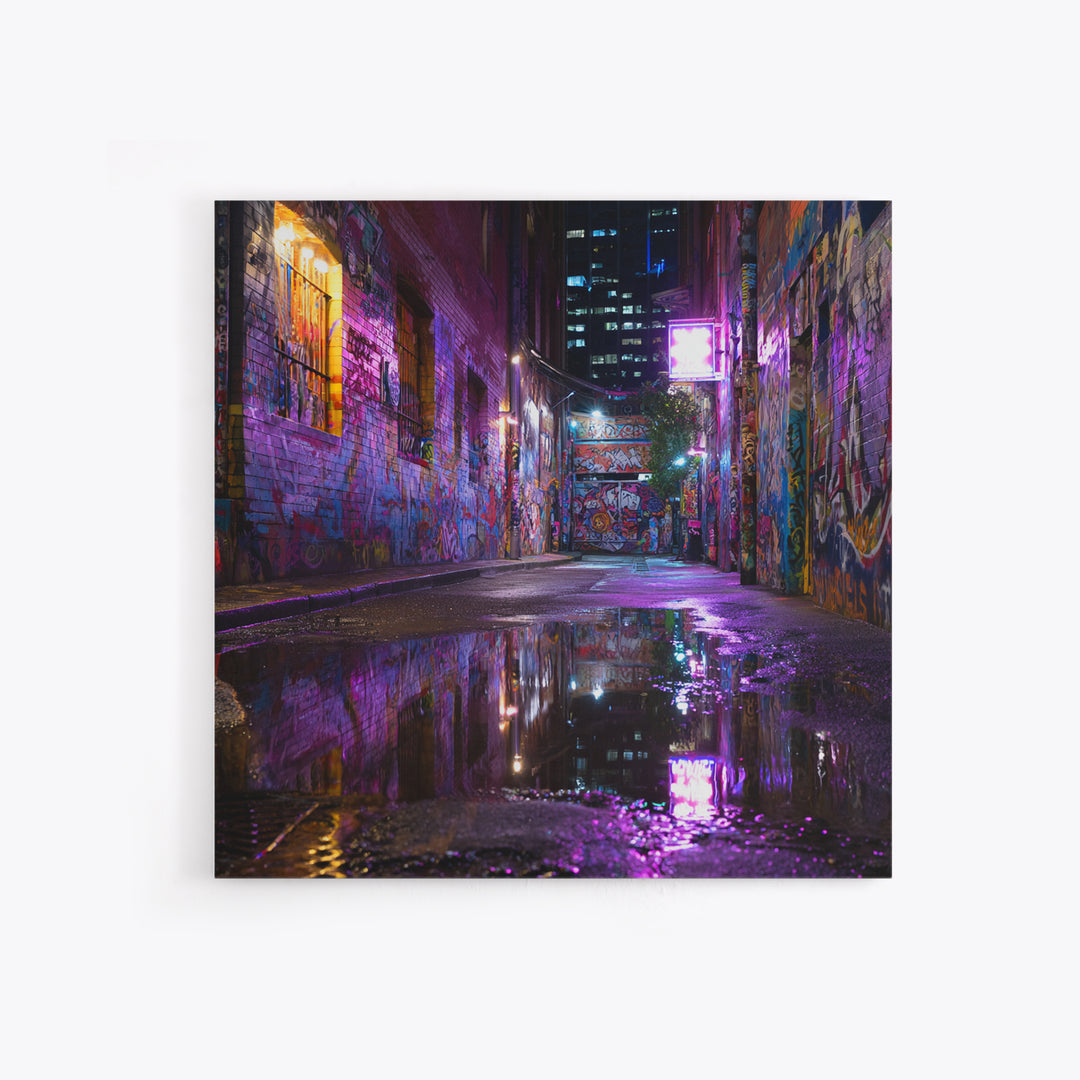 Neon Graffiti Alley Reflections Wall Art, Urban Street Canvas Print, City Night Decor, Edgy Contemporary Office Art Gift