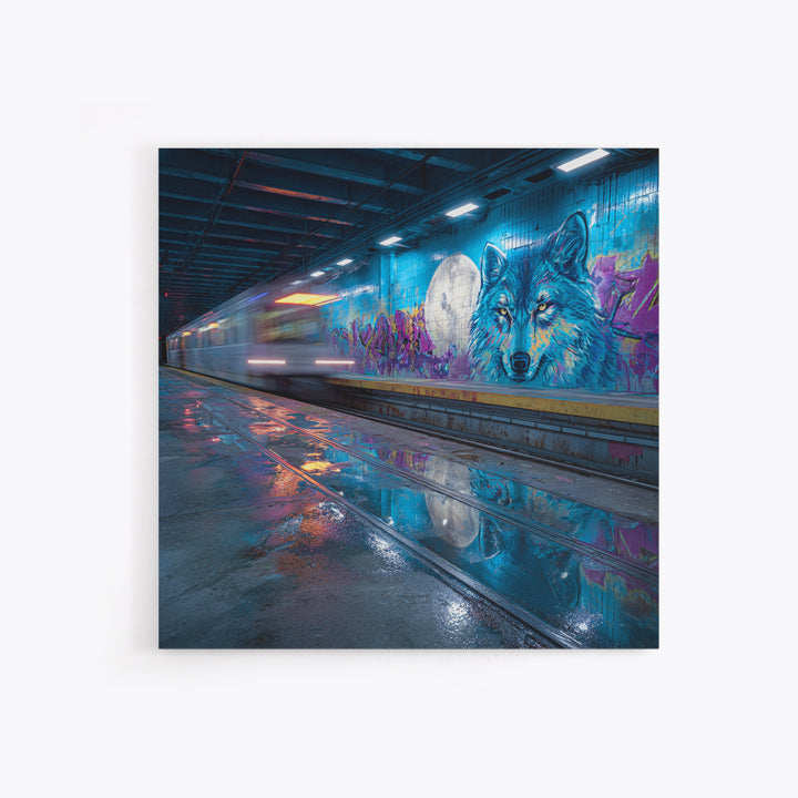 Neon Subway Wolf Graffiti Wall Art, Urban Street Art Canvas Print, Cyberpunk Decor, Gaming Room Poster, Gift For Him, Modern Wall Decor