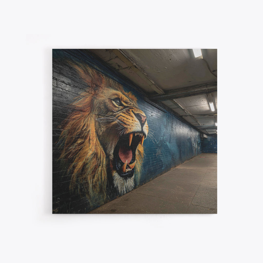 Roaring Lion Subway Mural Wall Art, Urban Graffiti Canvas, Big Cat Street Art Print, Bold Industrial Living Room Decor Gift