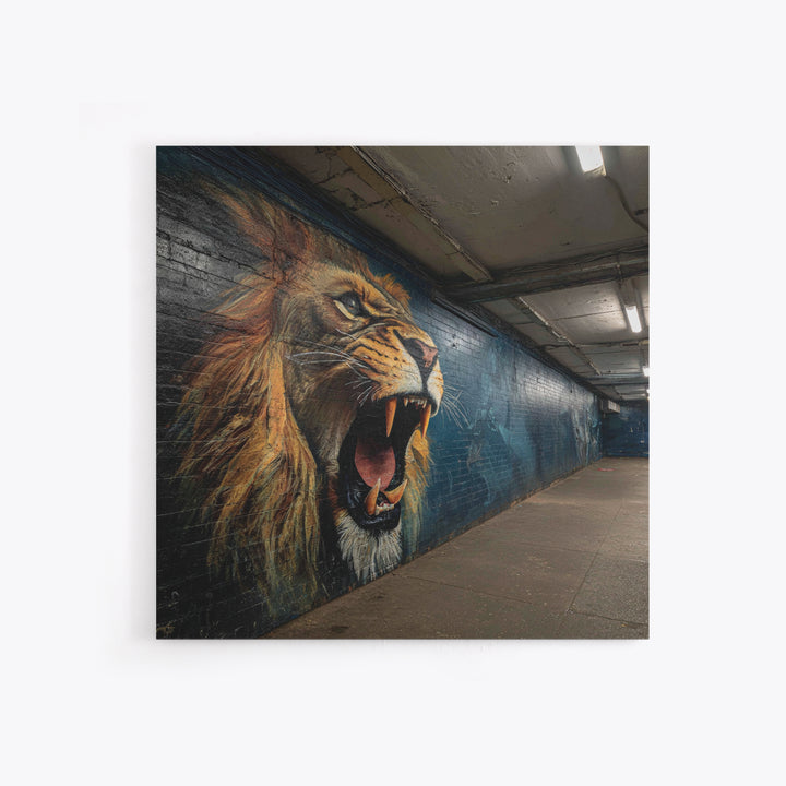 Roaring Lion Subway Mural Wall Art, Urban Graffiti Canvas, Big Cat Street Art Print, Bold Industrial Living Room Decor Gift