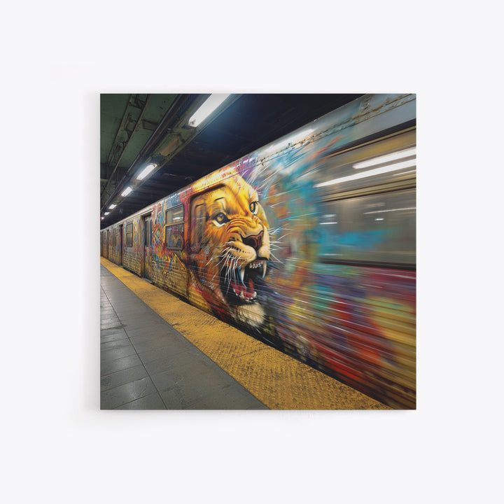 Roaring Lion Subway Train Canvas Print, Motion Blur Graffiti Wall Art, Big Cat Urban Street Decor For Modern Home Decor Gift