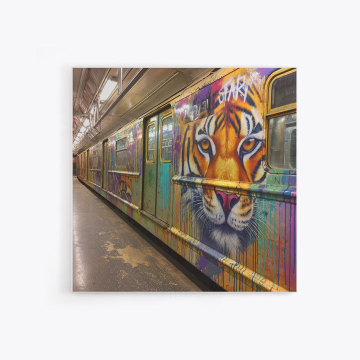 Tiger Face Graffiti Subway Train Canvas Print, Bold Urban Street Art For Maximalist Decor And Modern Wall Decor Gift Idea