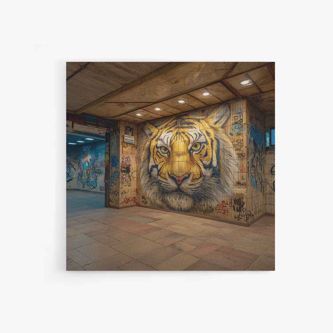 Urban Tiger Mural Subway Station Wall Art, Street Art Graffiti Canvas Print, Big Cat Decor, Bold Contemporary Gift For Him