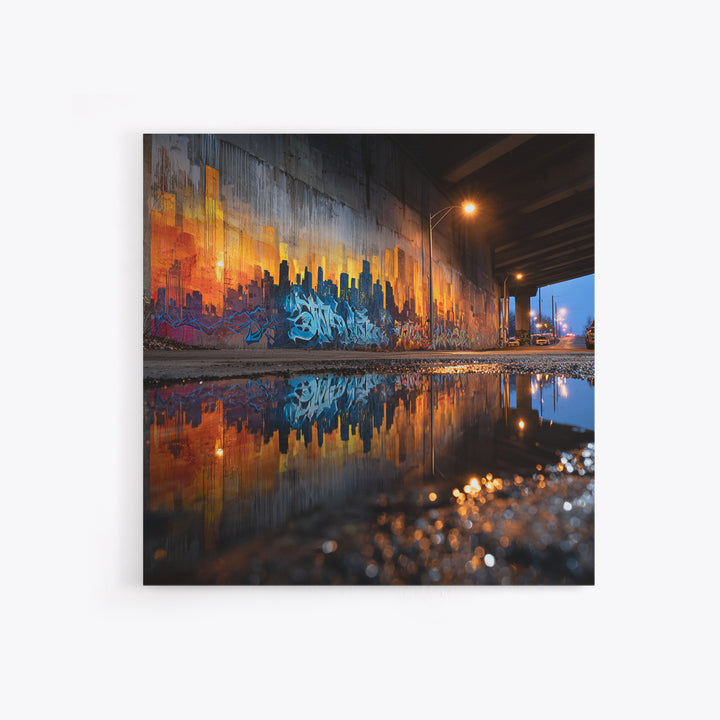 Urban Graffiti Underpass Wall Art, City Skyline Reflection, Street Art Print, Industrial Decor, Modern Office Wall Decor