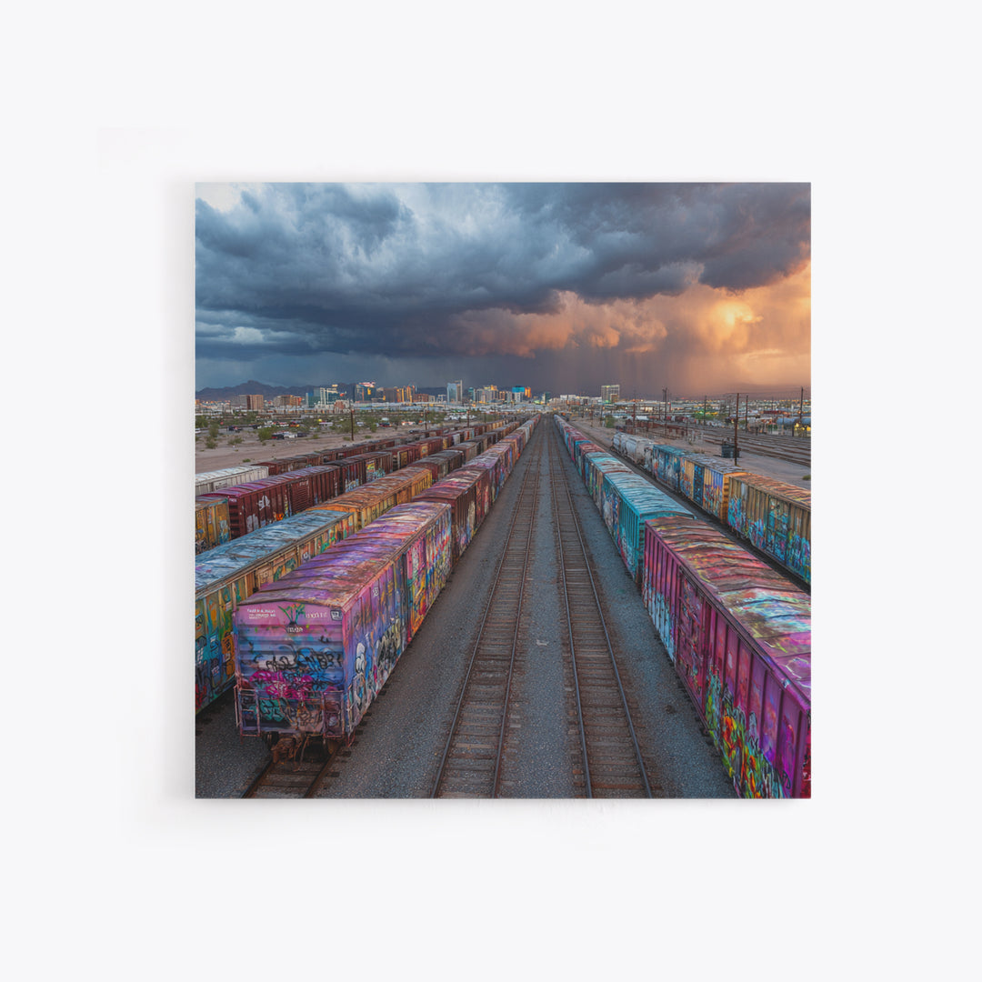 Graffiti Freight Train Yard Wall Art, Urban Street Art Canvas Print, Modern Industrial City Decor, Colorful Office Wall Art