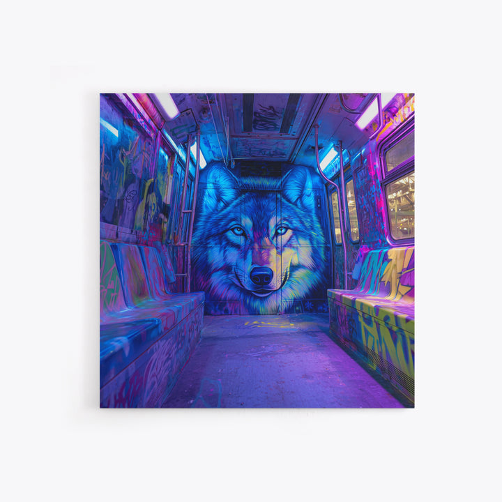 Neon Blue Wolf Subway Canvas Print, Cyberpunk Graffiti Animal Wall Decor, Urban Street Art, Gamer Room Statement Art Gift
