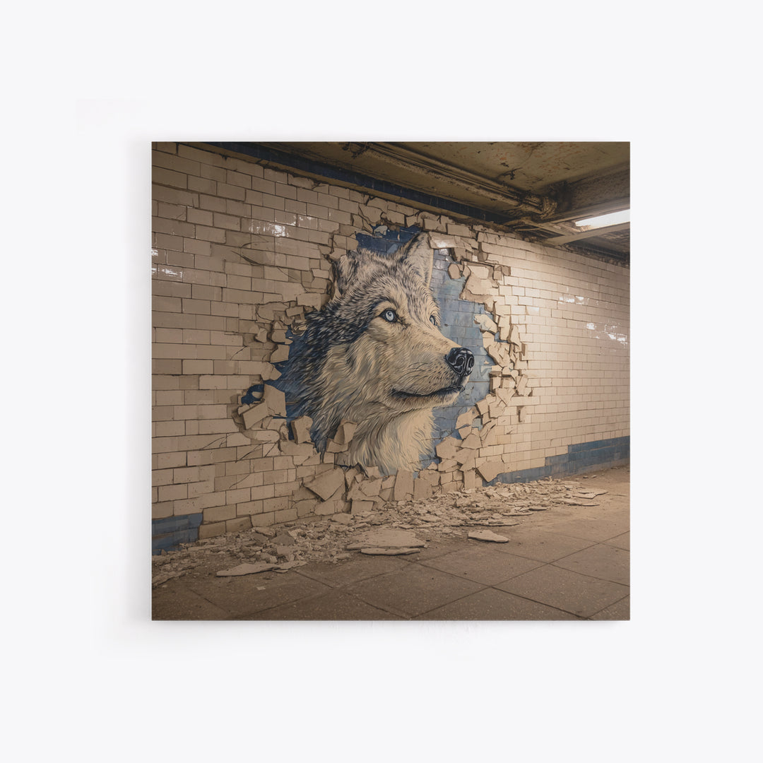 Wolf Mural Bursting Through Subway Tile Wall Art, Urban Animal Canvas Print, Street Art Decor For Modern Office Wall Decor Gift