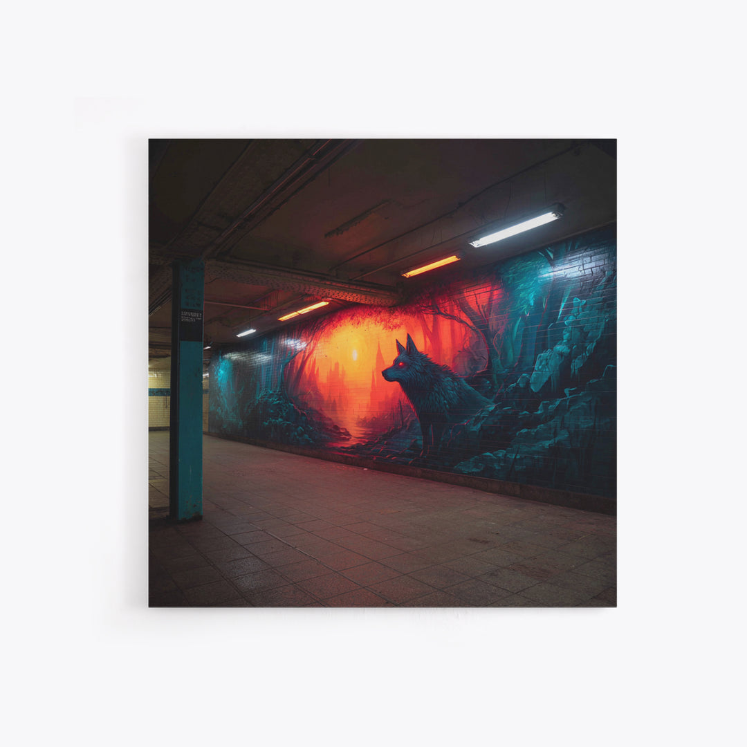 Neon Wolf Subway Mural Wall Art, Urban Graffiti Canvas Print, Cyberpunk Street Decor, Moody Animal Art For Home Office Gift