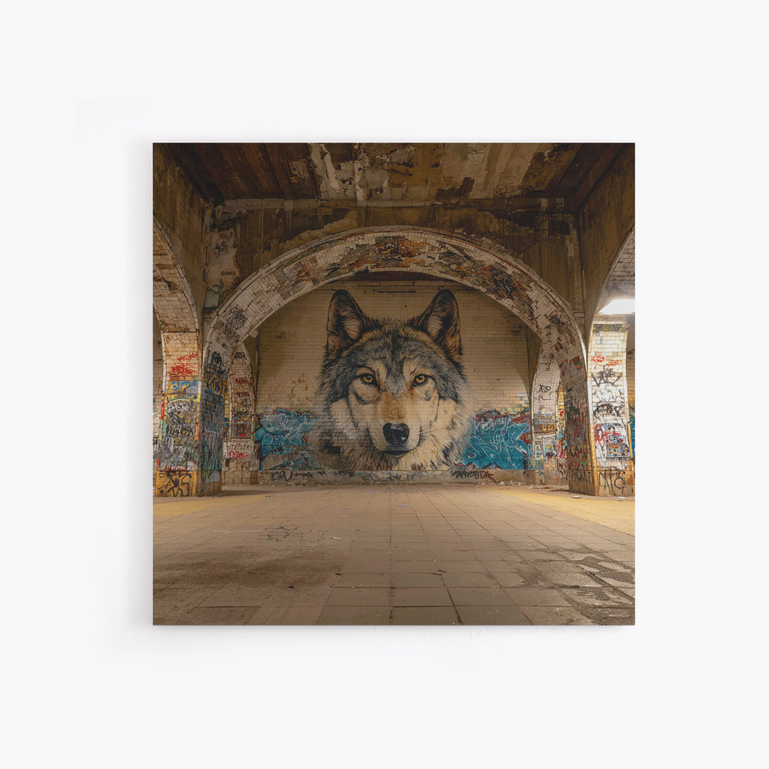 Realistic Wolf Mural In Abandoned Archway Framed Canvas Print, Urban Street Art, Animal Wall Decor, Moody Office Decor, Home Decor