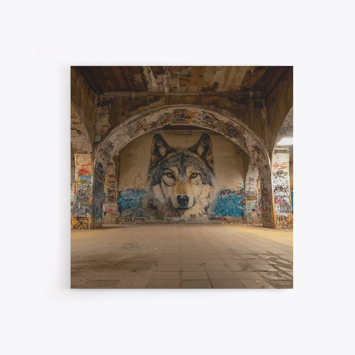 Realistic Wolf Mural In Abandoned Archway Framed Canvas Print, Urban Street Art, Animal Wall Decor, Moody Office Decor, Home Decor