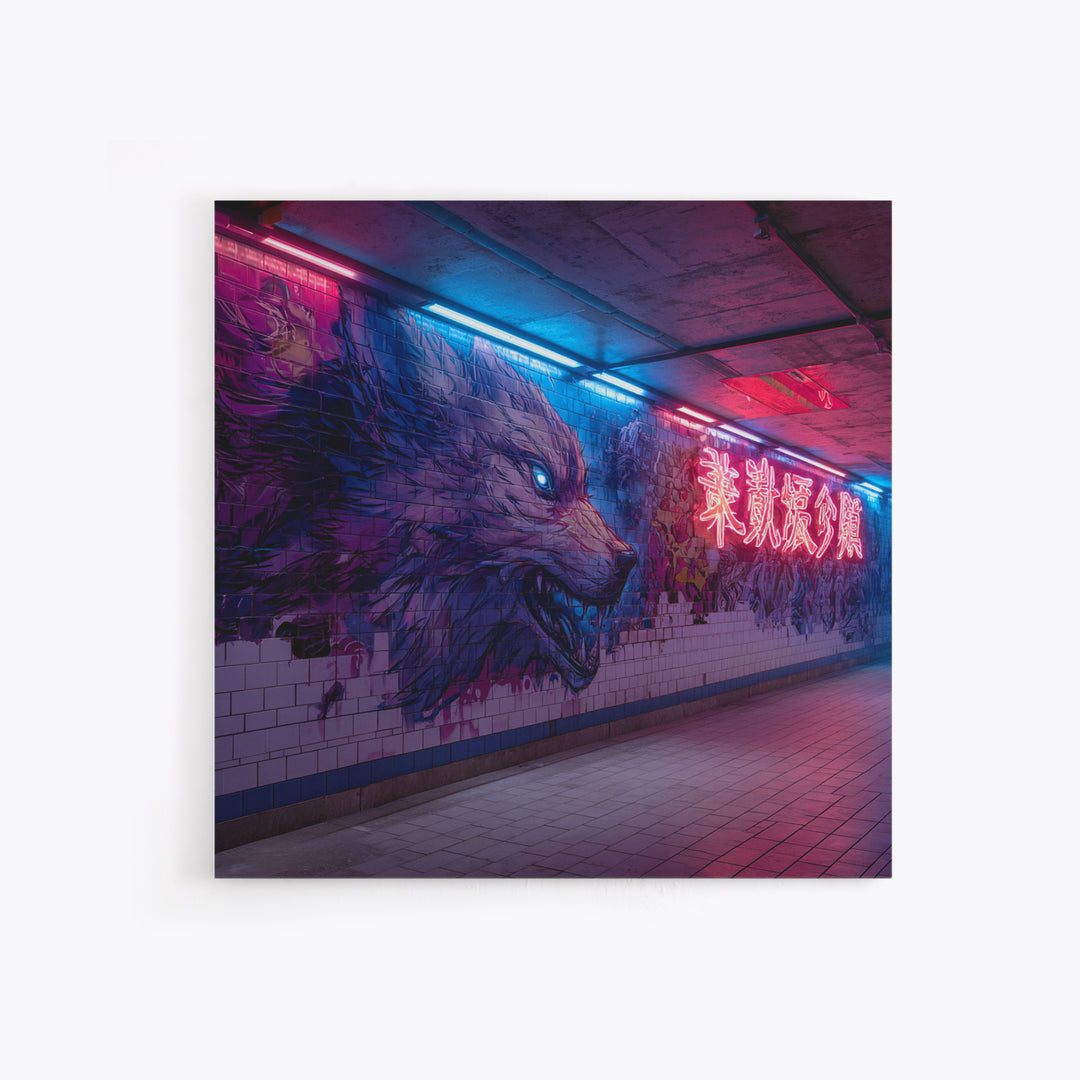 Neon Wolf Subway Mural Canvas Print, Cyberpunk Graffiti Wall Art, Futuristic Animal Street Art For Gaming Room Decor Gift