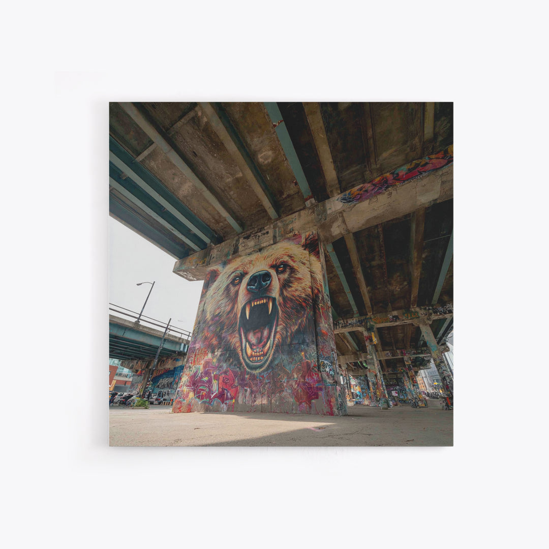 Roaring Bear Graffiti Underpass Wall Art, Urban Street Art Canvas Print, Wildlife Mural Decor, Man Cave Industrial Loft Home Decor