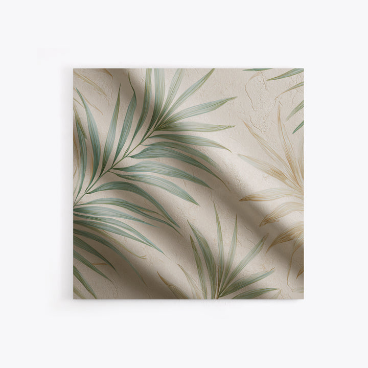 Tropical Palm Leaf Wall Art, Soft Green Beige Canvas Print, Coastal Botanical Decor, Boho Spa Bathroom Wall Decor For Relaxing Home Decor