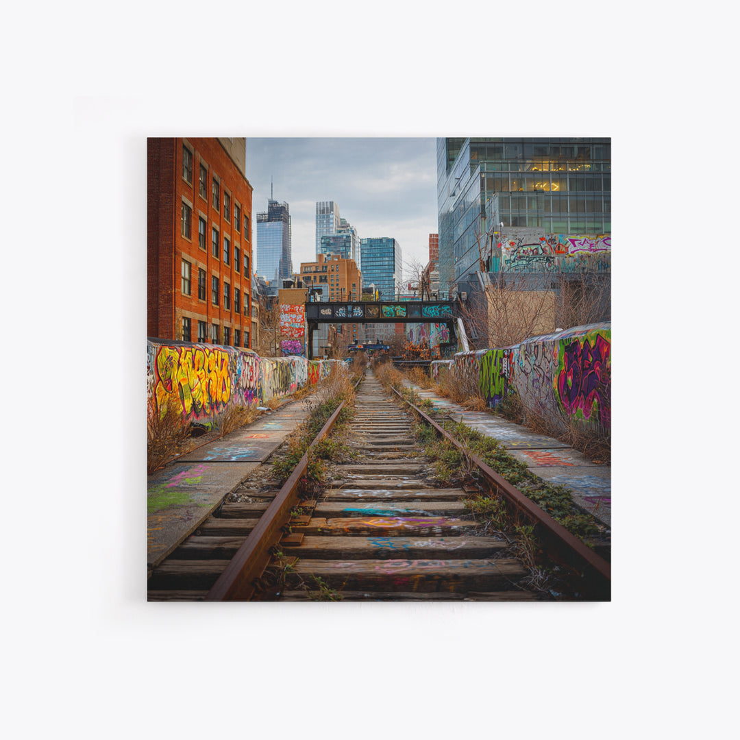 Abandoned Graffiti Railway Through City Wall Art, Urban Landscape Photography For Loft Decor And Modern Office Wall Decor