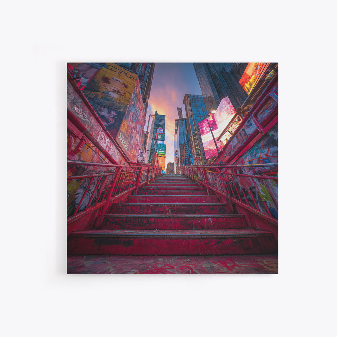 Neon City Stairway At Sunset Wall Art, Urban Graffiti, Times Square Travel Poster, Colorful Modern Canvas Print Home Decor