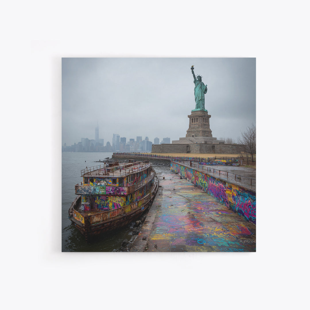 Statue Of Liberty And Graffiti Harbor Wall Art, NYC Travel Print, Urban Street Art Decor, New York City Gift For Living Room Decor