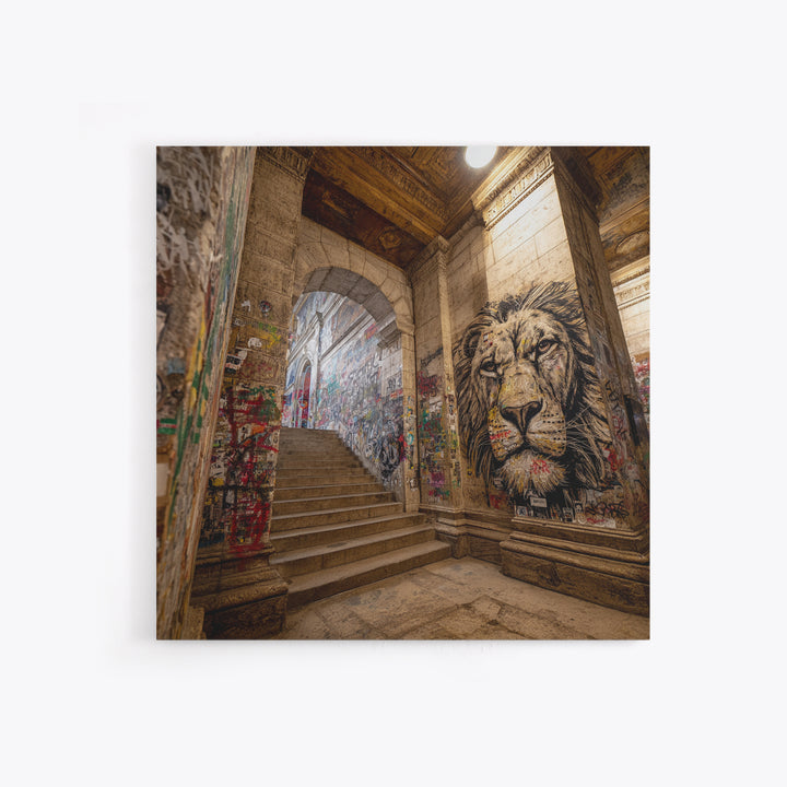 Urban Lion Mural Stairway Wall Art, Graffiti Street Art Canvas Print, City Decor, Bold Contemporary Modern Office Wall Decor