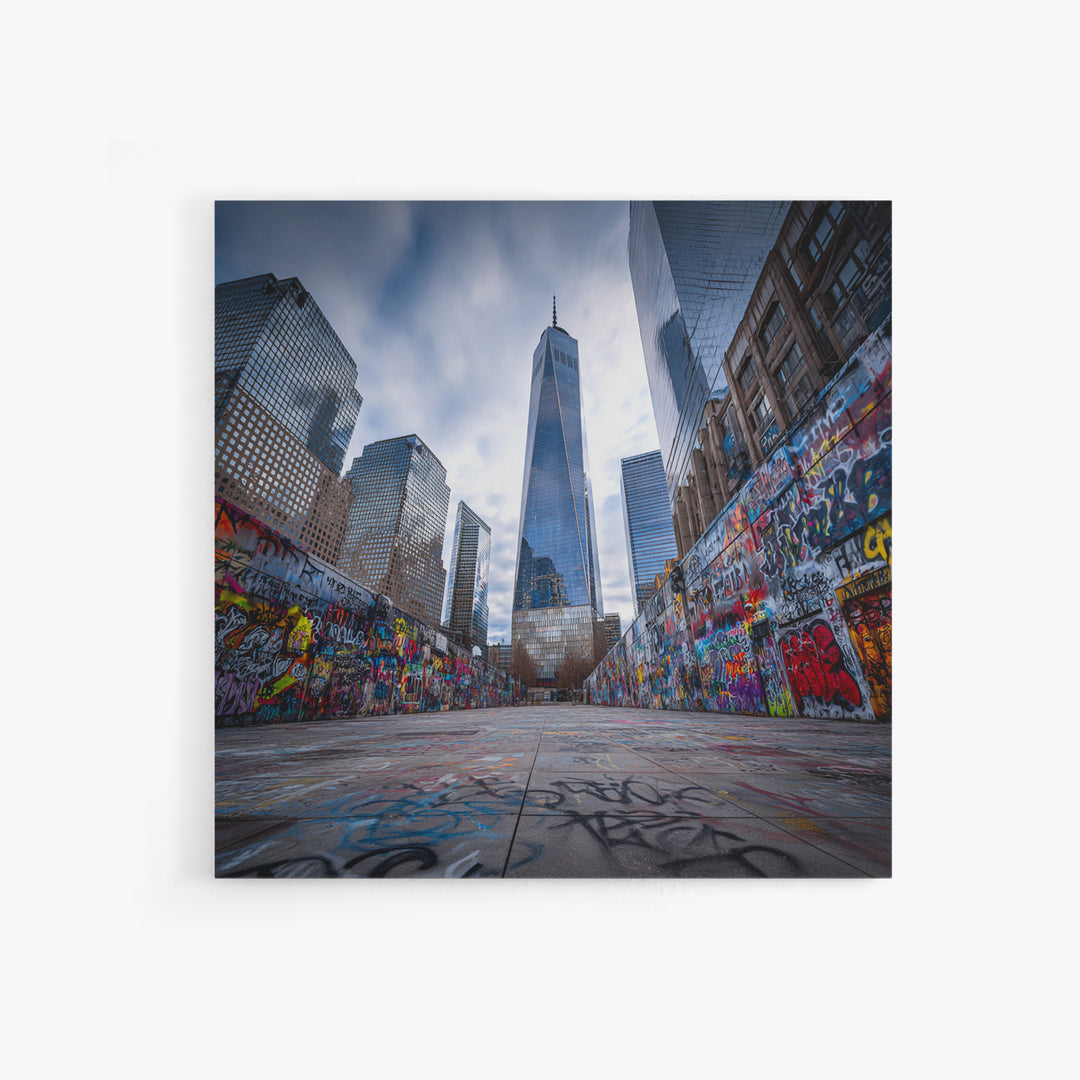 One World Trade Graffiti Courtyard Wall Art, Urban Cityscape Canvas Print, NYC Street Art Decor For Office And Apartment