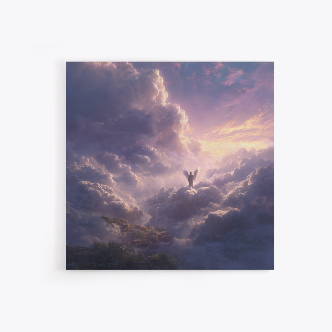 Radiant Angel Above Pastel Clouds Wall Art, Celestial Fantasy Canvas Print, Spiritual Decor, Ethereal Nursery Wall Art, Gift For Her