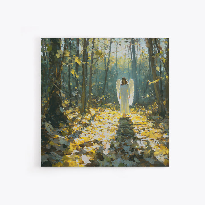 Sunlit Angel In Enchanted Forest Wall Art, Ethereal Christian Canvas Print, Woodland Decor, Spiritual Nursery Art, Calming Decor