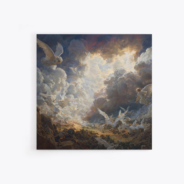 Heavenly Angels In Storm Clouds Canvas Print, Biblical Battle Painting, Christian Wall Decor, Dramatic Renaissance Art Gift