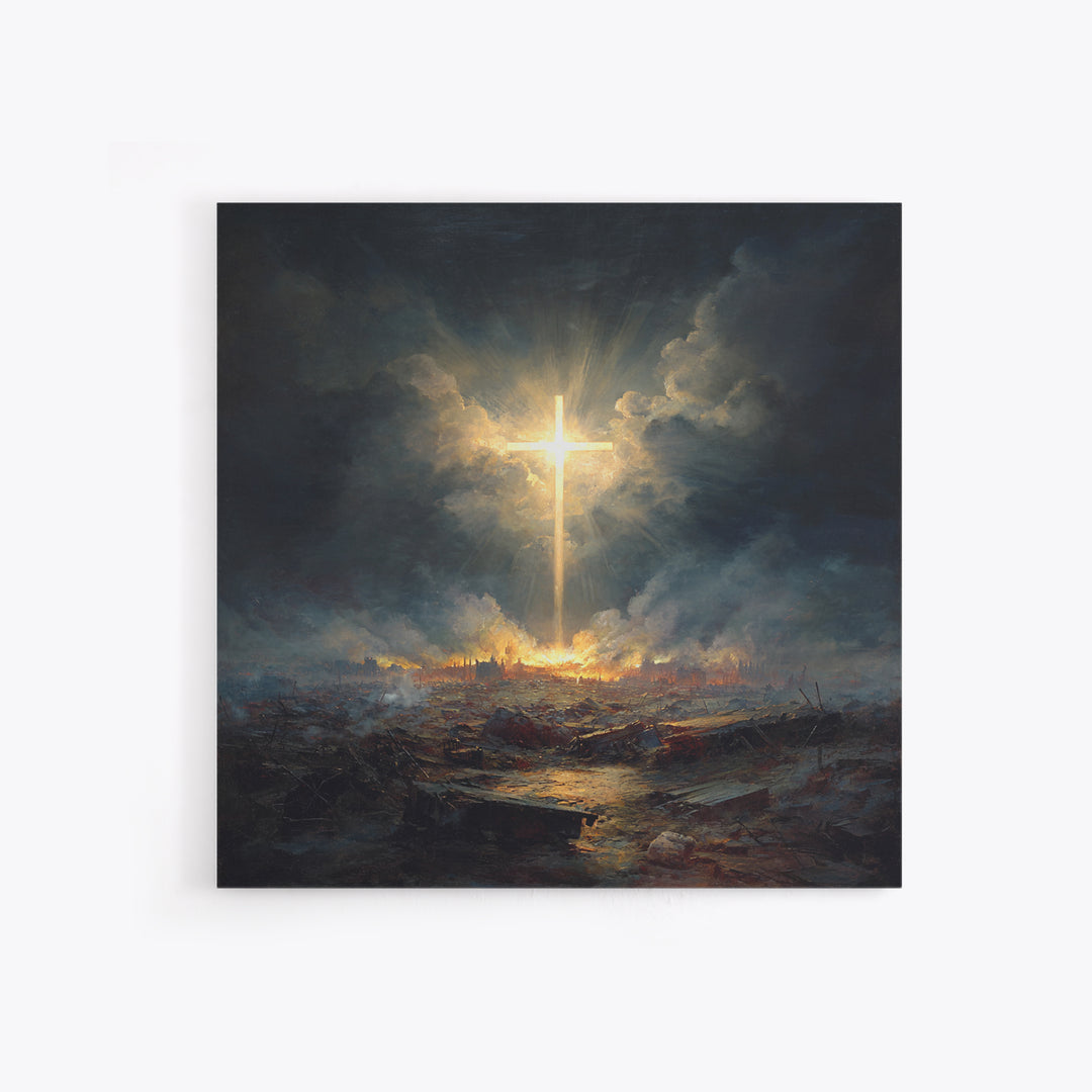 Radiant Cross Over Stormy Battlefield Wall Art, Christian Canvas Print, Dramatic Religious Decor, Spiritual Gift For Home