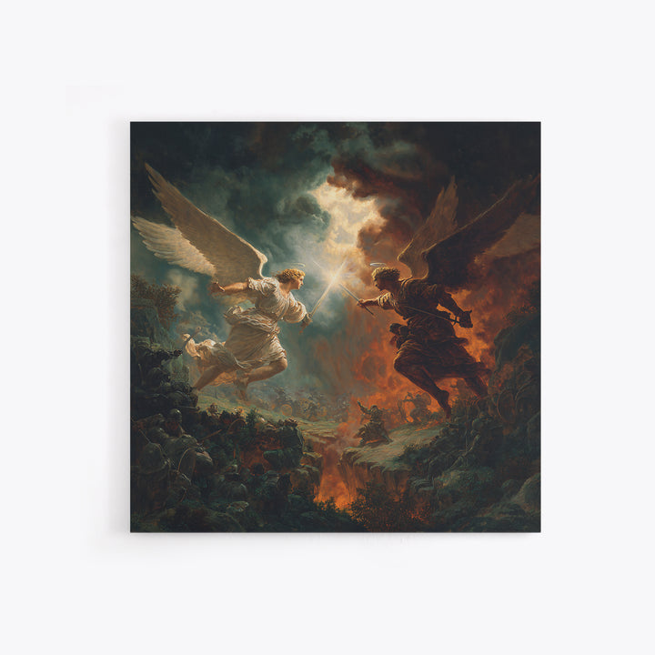Angel Duel Over Apocalyptic Battlefield Wall Art, Dark Fantasy Framed Canvas Print, Biblical Spiritual Home Decor Gift For Him