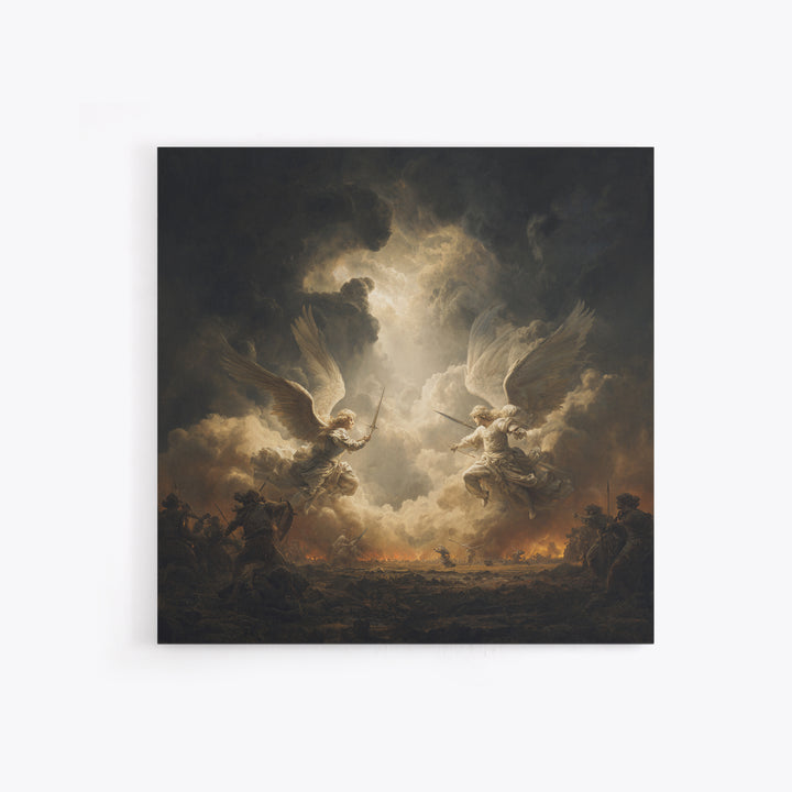 Angelic Battle In Storm Clouds Framed Canvas Print, Dark Baroque Religious Art, Renaissance Wall Decor, Dramatic Fine Art