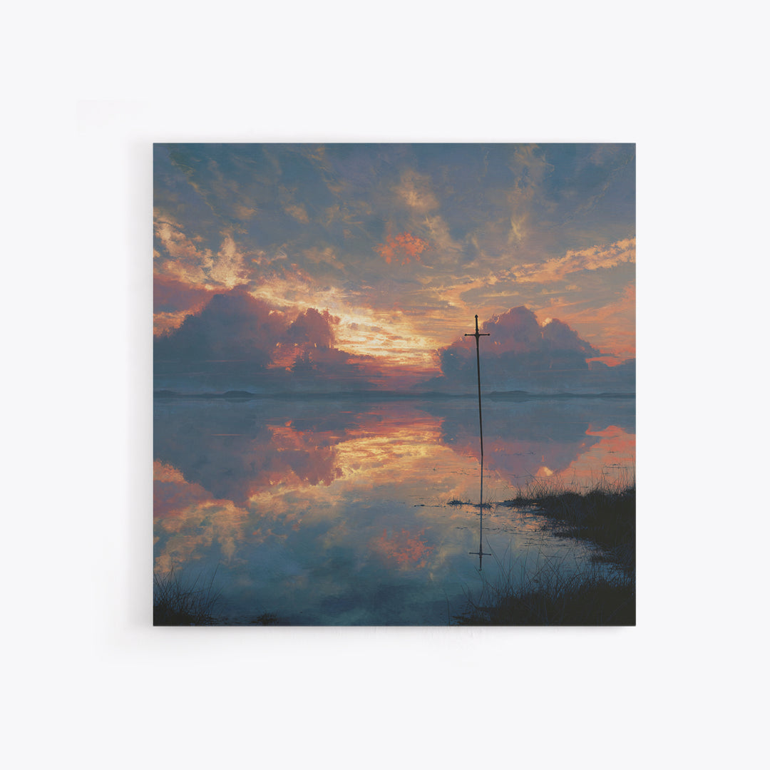 Solitary Cross At Sunset Wall Art, Reflective Lake Landscape Print, Christian Artwork, Spiritual Home Decor, Prayer Room Gift
