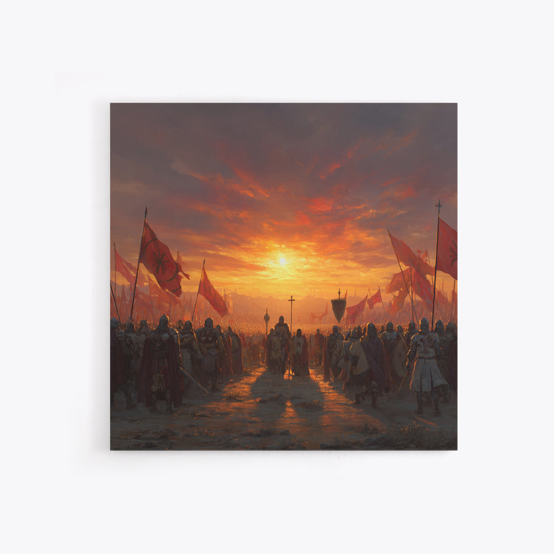 Medieval Army At Fiery Sunset Framed Canvas Print, Crusader Battle Wall Art, Epic Fantasy Decor, Historical Gift For Him